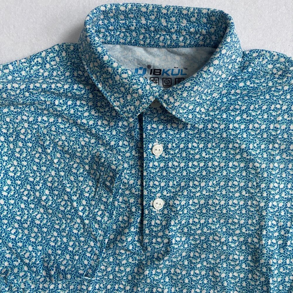 IBKUL Skull All Over Print Polo Shirt Men M Blue White Performance UPF Quick Dry